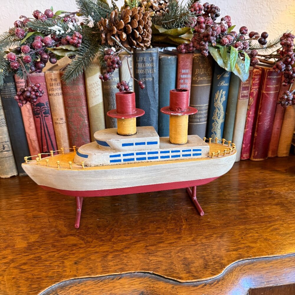 Unique Hand carved Wooden Ship Candle Holder 12.5" Long - Picture 4 of 17